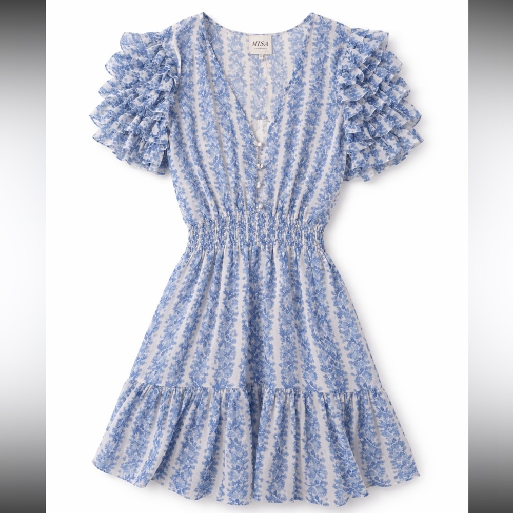 MISA Los Angeles Blue Floral Ruffle Mini Dress – Smocked Waist, V-Neck, NWT